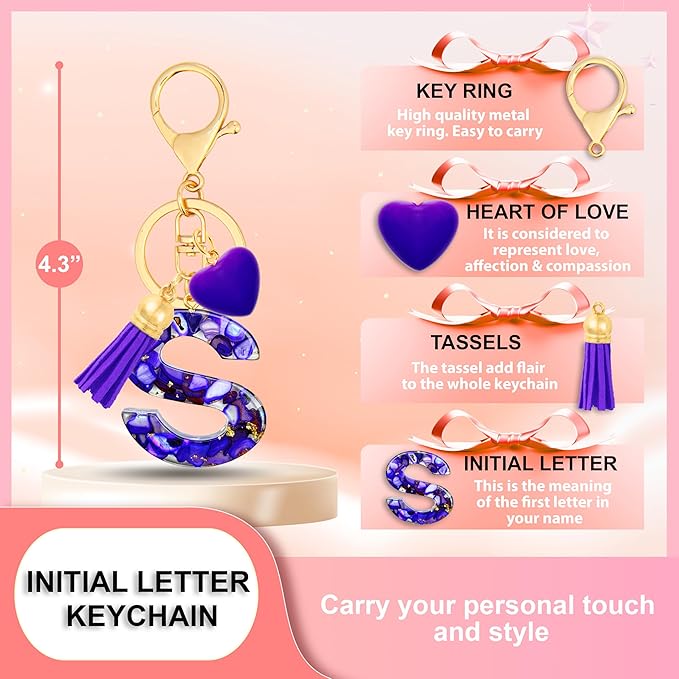Initial Keychains for Women with Cute Heart Resin - Alphabet Letter Keychain for Bag, Backpacks, Purse or Car key
