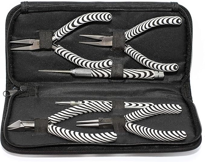The Beadsmith Zebra Print Tool Kit – 6 Pieces: Chain, Round, and Bent Chain Nose w/Side Cutter, Tweezers, & Reamer with Zippered Pouch, 5-Inch Each