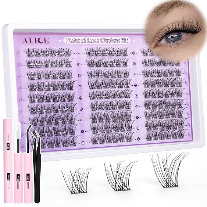 ALICE Wispy Lash Clusters Kit, Natural Lash Extension Kit Cluster Eyelash Extension Kit, 162pcs C-Curly 10-14mm Eyelash Clusters with Lash Glue Bond and Seal Tweezers
