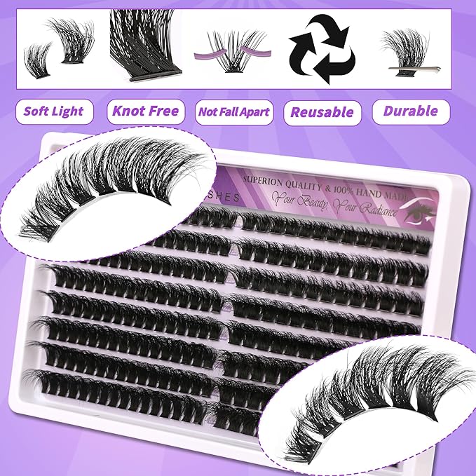 DIY Lash Extension Kit, 232 Cluster Lashes 2 Densities (100P/150P) 10-18mm Mixed Length, Knot-Free Handmade Lashes with Bond/Seal Glue, Remover & Tweezers, Beginner-Friendly for Daily & Party Looks