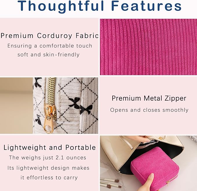 uekeboag Cute Small Corduroy Zipper Makeup Bag, Mini Coquette Aesthetic Pouch with Bear Pattern for for Purse,Key Pocket Lipstick Bag Card Holder Data Cable Organizer (12Hot Pink)
