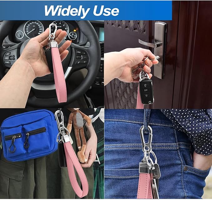 Car Fob Key Chain Genuine Leather Wristlet Strap Keychains Holder for Men and Women, 360 Degree Rotatable, with Anti-lost D-Ring, Carabiner Clip and 4pcs Key Rings, Pink