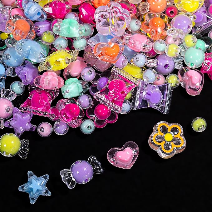 nikkiGuo 320 Piece Acrylic Bead Jewelry Making kit - Transparent Candy Colored Beads, Mixed Shape Heart-Shaped Star Flowers, 8mm/10mm/20mm, Keychain, Phone Chain DIY Craft Jewelry