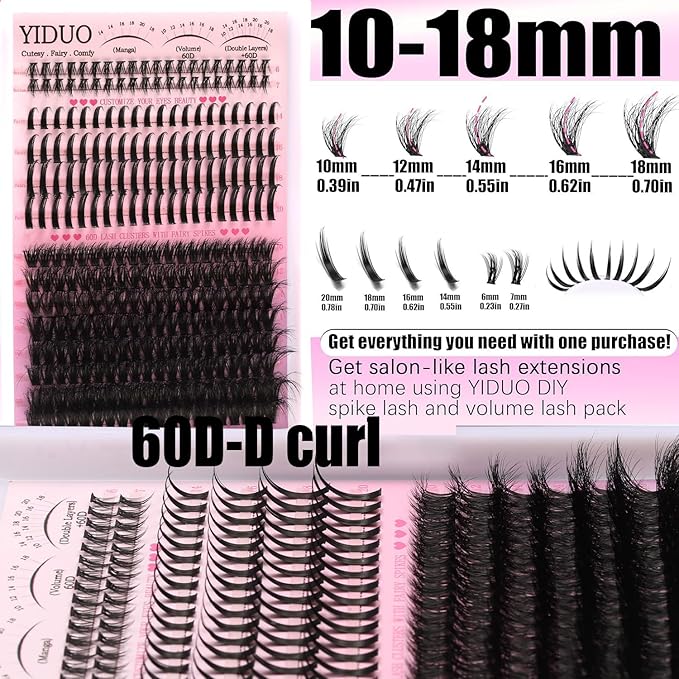 60D Volume Lash Clusters Kit with Long 14-16mm Lashes Spikes+Bottom Clusters Eyelash Extension Kit 280Pcs D-curly Wispy Individual Lash Extensions Kit DIY Spiky Lash Bond and Seal by YIDUO