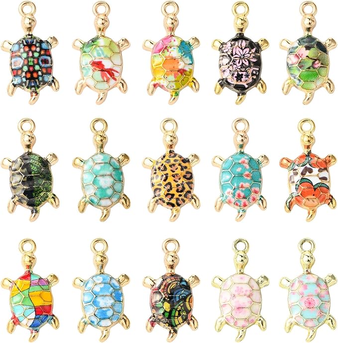 Stiesy 30 Pcs 15 Styles Alloy Enamel Tortoise Charms Pendants Colorful Sea Animal Turtle Dangle Charms Pendant for DIY Jewelry Making Necklace Bracelet Earring keychain Crafts