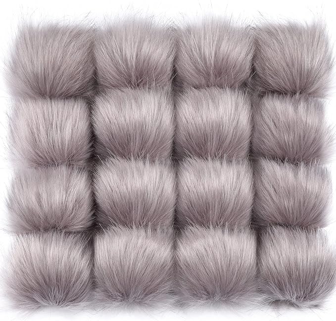 Tatuo 16 Pcs Faux Fur Pom Poms for Hat 4 Inches Large Fluffy Pom Balls for Crafts Knitting Beanies Shoes Scarves Bag Pompoms Keychain Charms Winter DIY Accessories (Gray)