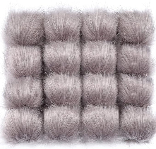 Tatuo 16 Pcs Faux Fur Pom Poms for Hat 4 Inches Large Fluffy Pom Balls for Crafts Knitting Beanies Shoes Scarves Bag Pompoms Keychain Charms Winter DIY Accessories (Gray)
