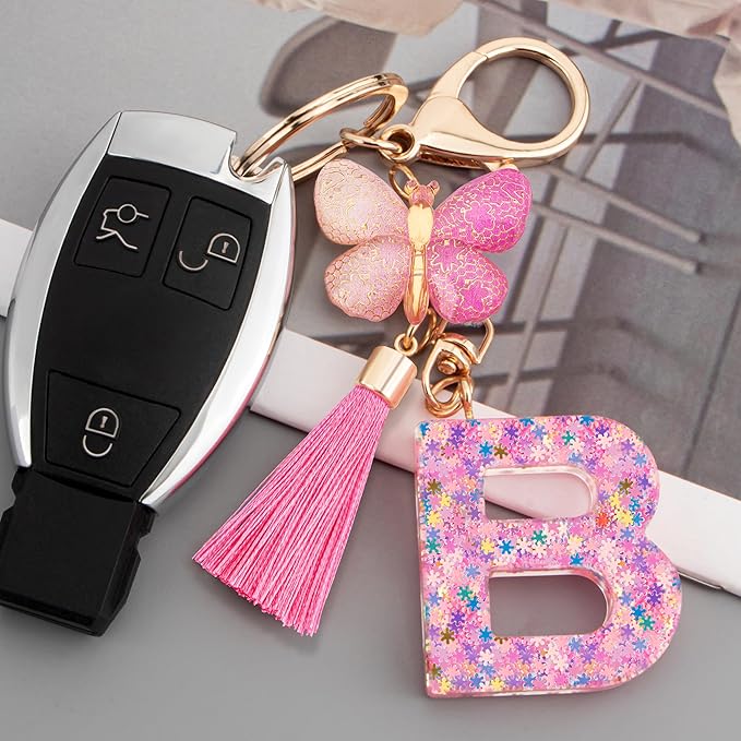 Suweibuke Cute Pink Key Chains for Women Girls, Initial Letter Keychains with Tassel, Charms for Key Purse Handbags Backpacks