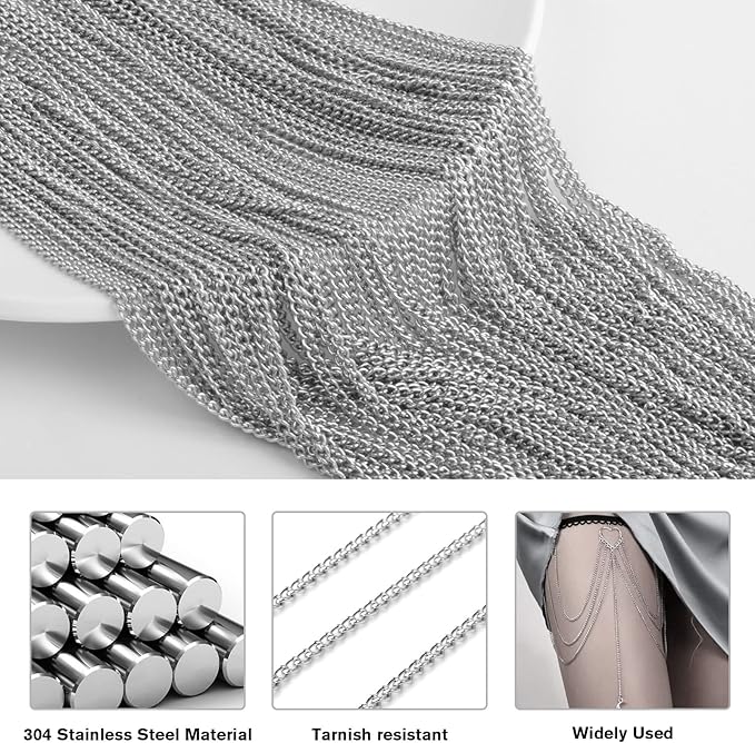 33FT Stainless Steel Curb Chain Roll, 5mm 304 Stainless Steel Flat Twisted Links Curb Chains Bulk Spool for Jewelry Making Necklace DIY Craft
