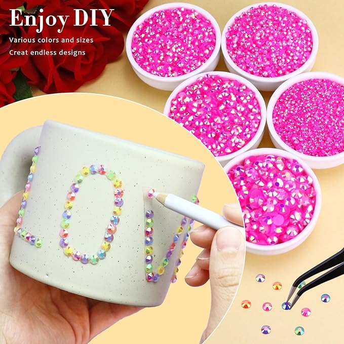 25000PCS Resin Jelly Rhinestones for Crafts Tumblers Mugs Bags Shoes Clothing, Hot Pink AB Flatback Rhinestone Gems, Bedazzling Crystal Stone Diamond with B7000 Glue, 2mm 3mm 4mm 5mm 6mm