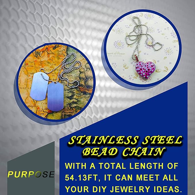 YZDTECH Ball Bead Chain, 55ft Stainless Steel Chain Ball Chain Necklace Bulk with 100 Pieces Matching Connectors Clasps for Jewelry Making, Necklace Hanging, Dog Tag, DIY Crafts