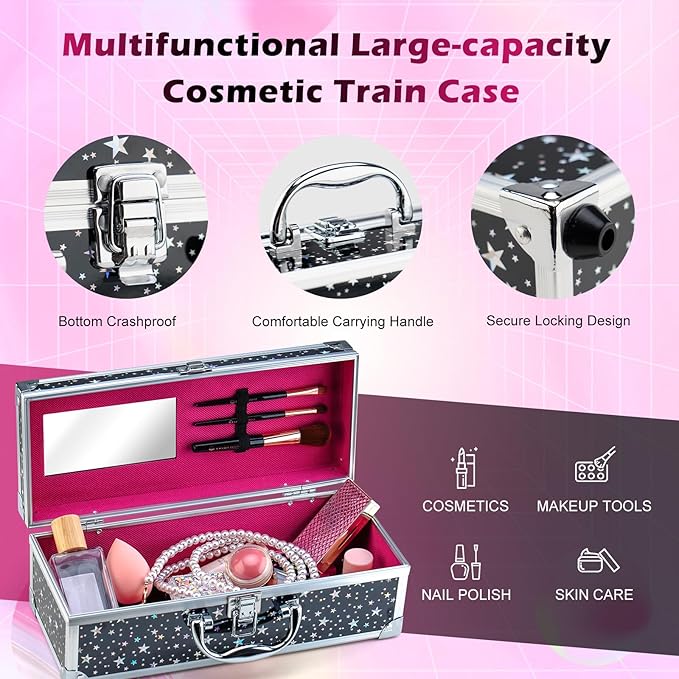 Color Nymph Makeup Kit for Teen Girls, All-in-One Beginner Makeup Set with Eyeshadow, Blush, Highlighter, Bronzer, Contour, Lipsticks, Eyeliner, Brushes & Mirror in Train Case (Starry Black)
