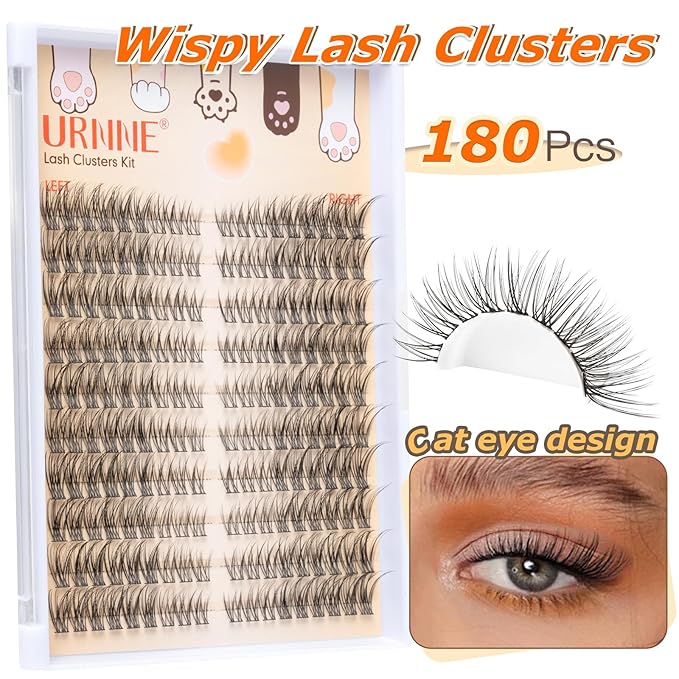 URNNE Wispy Lash Clusters, Lash Clusters Kit, Lash Extension Kit, C Curl Left & Right 180pcs 7-15 mm Individual Cluster Eyelash Extension with Bond and Seal, Tweezers, Remover