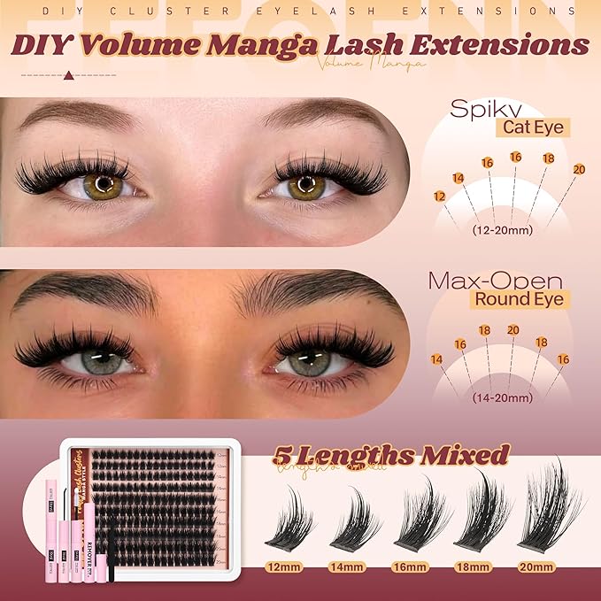 Eefofnn Lash Clusters Kit Manga Eyelash Clusters Wispy Volume Lash Extension Kit 12-20mm Cluster Eyelash Extensions Spiky D Curl Individual Lashes DIY Eyelash Extension Kit with Lash Bond,Seal,Remover