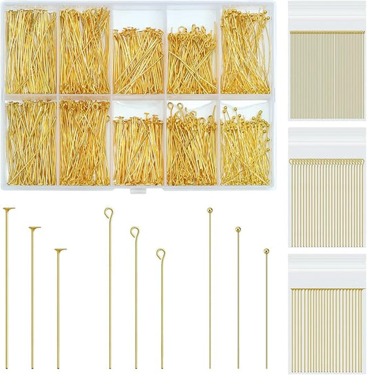 SONGIN 1085pcs Eye Pins and Flat Head Pins for Jewelry Making, Metal Eyepins, Headpins & Ball Head Pins for DIY Earrings, Necklaces, Bracelets, Pendants Jewelry Supplies(Gold)