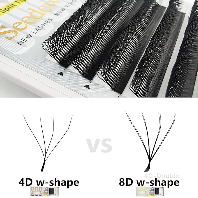 SEEDEW 4D-Double Tips Lash Extensions, 0.07mm C Curl 12mm 12 Rows/Tray, W Shape 4DD Flat Stem, PBT Volume False Eyelashes for Beginner Artist, Lash Tech, Beauty Salon(4DD-Matte Black-0.07-C-12mm)