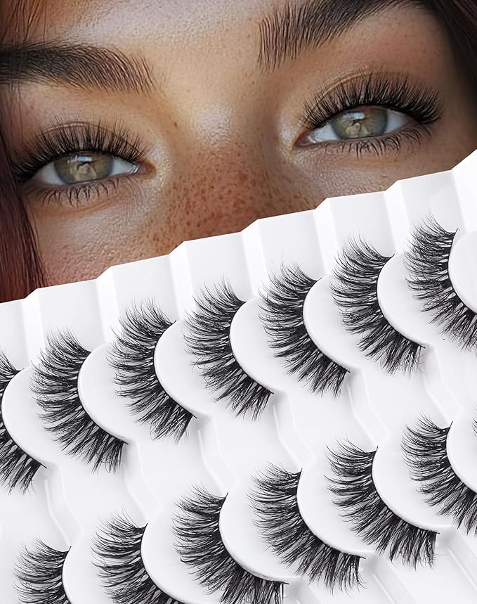 ENFOO Lashes Volume False Eyelashes Wispy Natural Look Everyday Flared Strip EyeLash Fluffy Lash Long Soft Round-Eye Pack 16MM 7 Pairs D89