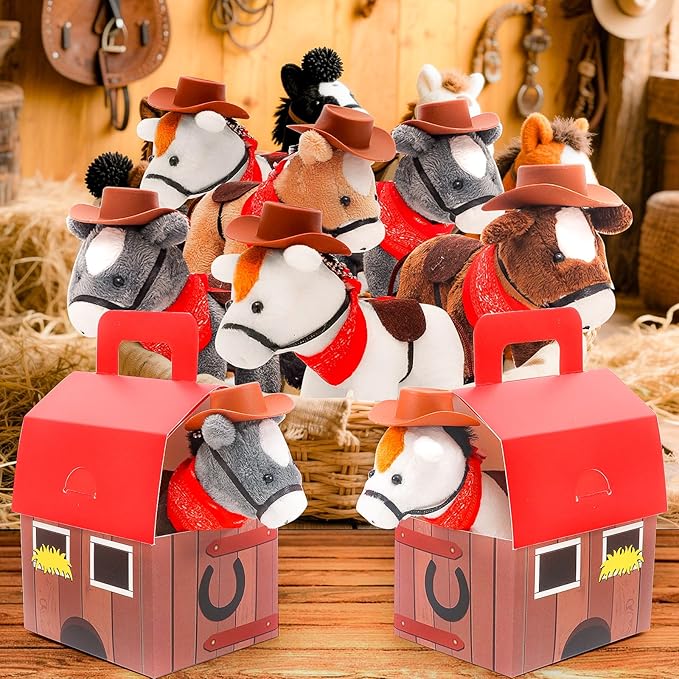12 Pcs Mini Plush Horse Stuffed Animal with Keychain, Horse Party Favors Goodie Bags, Animals Bulk Gift Toys with Carton Horse House for Birthday Party Supplies