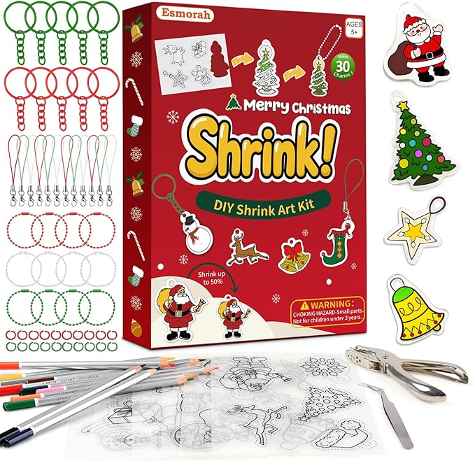 74PCS Shrink Dink Sheets Keychain Kit, Christmas Theme Ornaments Gifts Shrink Plastic Sheets with 6PCS 7.9"x5.7" Pre-Printed Shrinking Film Art Paper for Kids DIY Crafts, Perfect Stocking Stuffer