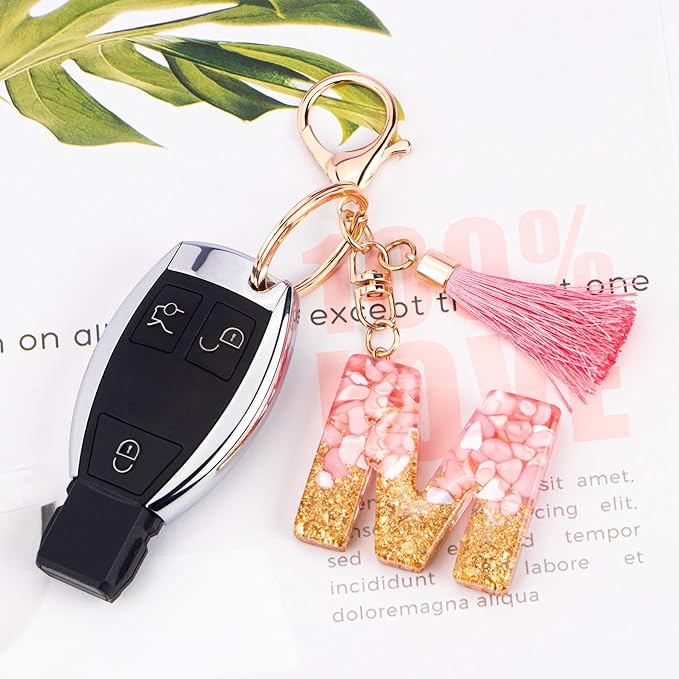 Suweibuke Cute Pink Key Chains for Women Girls, Initial Letter Keychains with Tassel, Charms for Key Purse Handbags Backpacks
