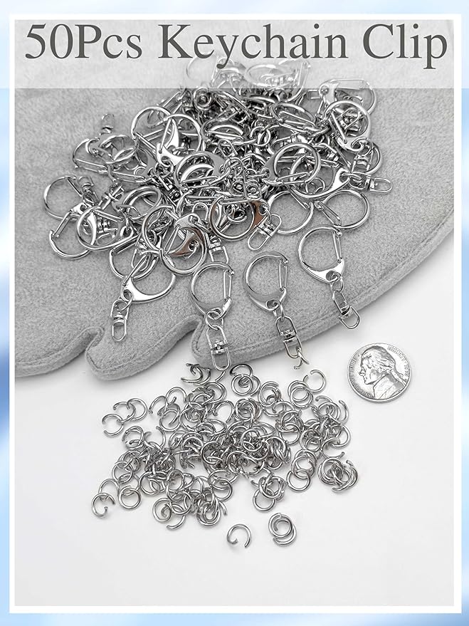 50Pcs Lobster Claw Clasps for Keychain Clip, Swivel Snap Hooks Silver Key Chain Rings DIY Making Kit for Crafts