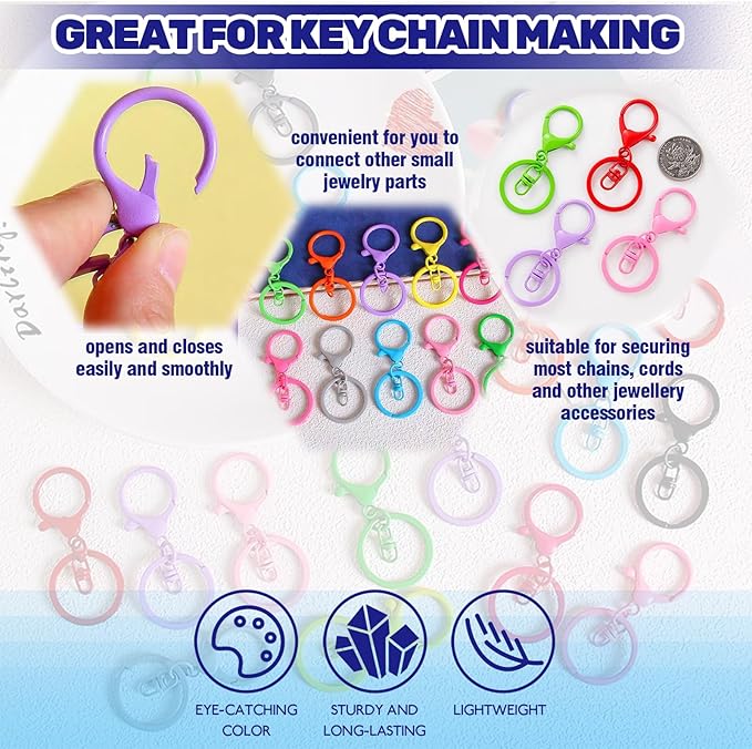 Waltool 60Pcs Colorful Metal Keychain Making Set Contains Lobster Clasp Swivel Trigger Clips with Split Keyring, Ball Beads Chain with Connector, Jewelry DIY Accessories for Key Chains Ornament