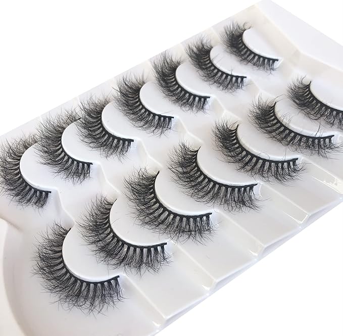 Pooplunch False Eyelashes Natural Volume 8D Faux Mink Lashes Wispy Short Fake Eye Lashes Strips 7 Pairs Pack
