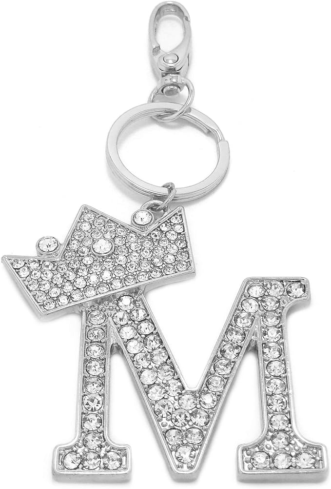 CBC Crown Crystal Rhinestone Letter Initial Keychain, Gold Metal, Bag Charm with Key Ring Approx. 2.17" x 2.56"