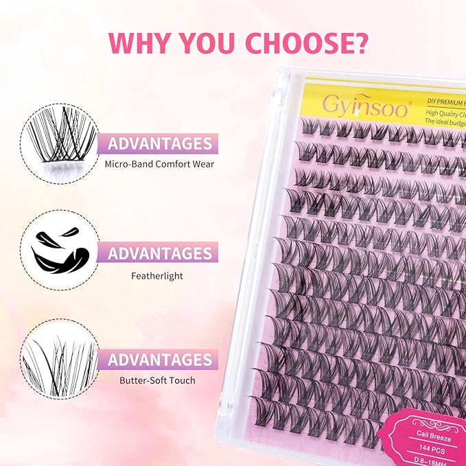 Gyinsoo DIY Eyelash Extension Kit "Cali Breeze" - 144Pcs Fluffy Volume Clusters (8-18mm Mix) with Waterproof Bond and Seal - Dramatic D Curl Individual Lashes for Vacation, Travel & Photoshoots