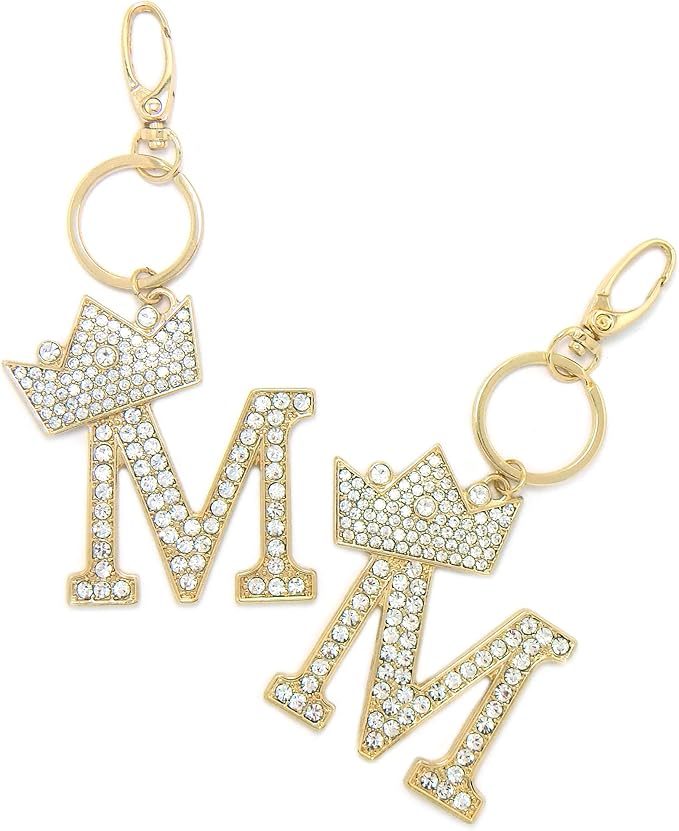 CBC Crown Crystal Rhinestone Letter Initial Keychain, Gold Metal, Bag Charm with Key Ring Approx. 2.17" x 2.56"