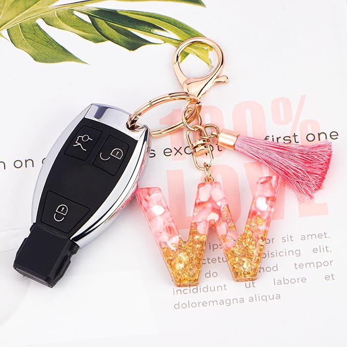 Suweibuke Cute Pink Key Chains for Women Girls, Initial Letter Keychains with Tassel, Charms for Key Purse Handbags Backpacks