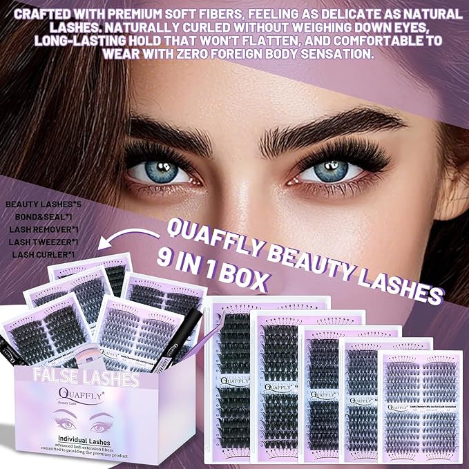 Lash Extension Kit 30-100D Volume Eyelash Extensions Kit 7-16mm Individual Lashes Clusters D Curl with Bond and Seal Remover Tweezers Lash Curler DIY Lashes at Home