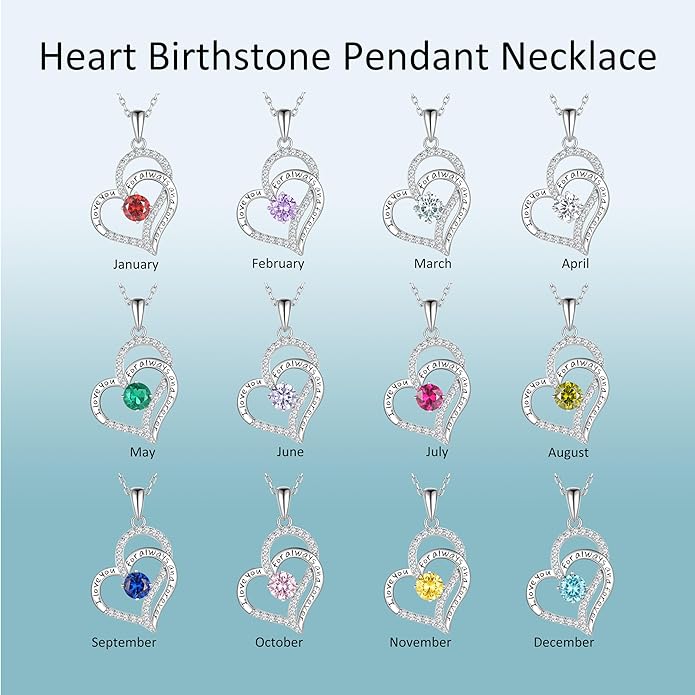 LynChoe Birthday Gifts Double Heart Birthstone Necklace for Women, S925 Sterling Silver Pendant Necklace Jewelry for Her Mother Mom Wife Girlfriend