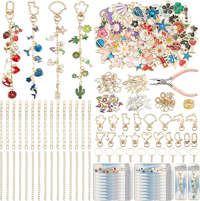 524Pcs DIY Keychain Making Kit with 218 Charms, Including 24 Keychain Clips Hooks 30 Extender Chain 200 Jump Ring Jewelry Plier Jewelry Making Supplies for Custom Key Ring Set Christmas Crafts Gifts
