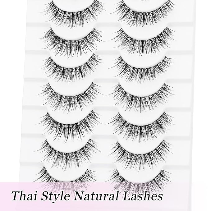 outopen 10 Pairs Manga Lashes Natural Look Clear Band Lashes Japanese Anime Eyelashes Asian Style False Eyelashes Wispy Thin Band False Lashes Korean Makeup Fake Eyelashes Fairy Lash Clusters