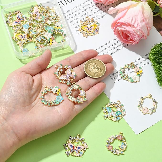 Stiesy 20 Pcs 10 Styles Spring Flower Wreath Charms Enamel Metal Charm Pendant with Rhinestone Butterfly Bee for Jewelry Making DIY Bracelet Earring Necklace Crafting