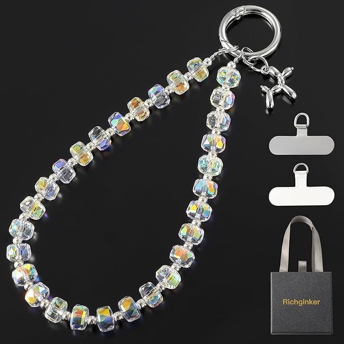Crystal Phone Wrist Strap Phone Charm Chain Keychain Beaded Cellphone Lanyard with Tether Tab Hands-Free Wristlet Bracelet Wrist Grip Strap for Women, W-Crystal AB