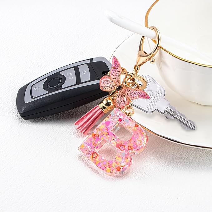 Initial letter Keychains for Women Girls Tassel Butterfly Cute Keychain for Wallet Backpack charm