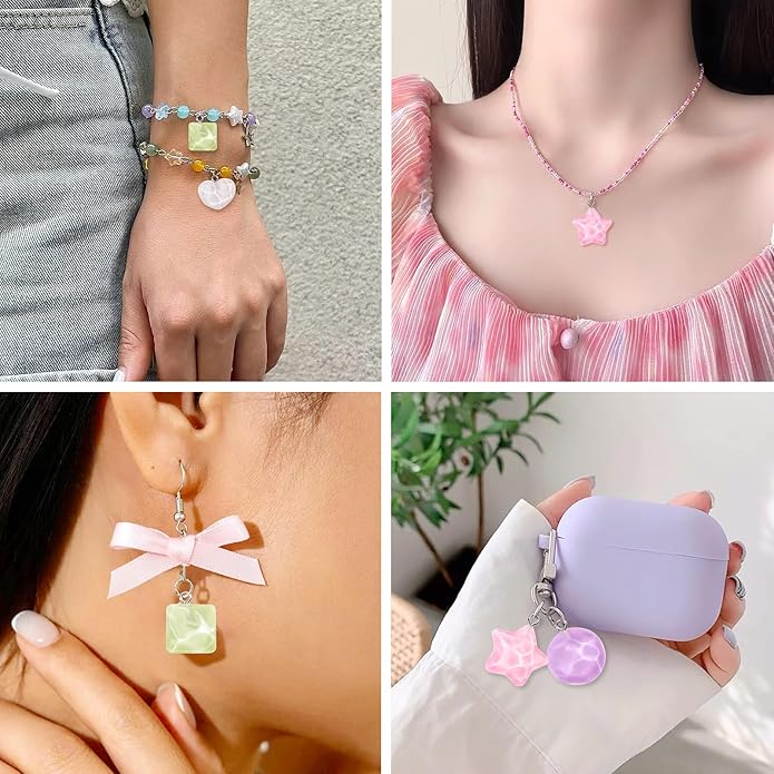 Resin Love Heart Star Flower Charms Colorful Heart Floral Pentagram Pendants Cute Hang Ornament for DIY Crafts Necklace Bracelet Keychain Jewelry Making