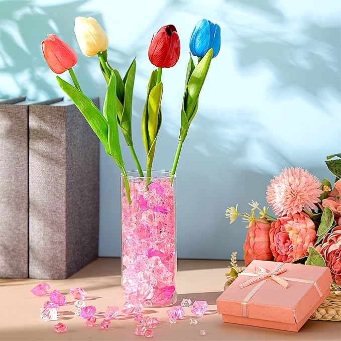 Syhood 570 Pcs 5 Sizes Pink and Clear Fake Crushed Ice Rocks Plastic Gemstones Acrylic Crystal Gems Diamonds for DIY Craft Valentine Day Vase Fillers Fish Tank Makeup Brush Centerpieces Wedding Decor