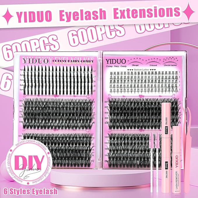 YIDUO Lashes Clusters Kit Bottom Lashes Clusters with Spikes Wispy Manga Volume Thick Individual Lash D Curly Cluster Eyelash 600pcs Cluster Eyelash Extensions with Lash Bond and Seal Tweezers Remover