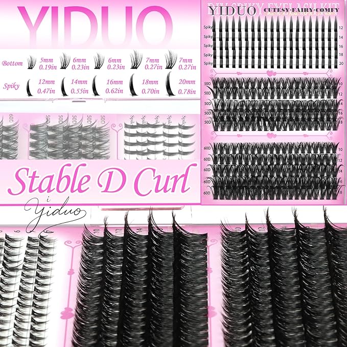 YIDUO Lashes Clusters Kit Bottom Lashes Clusters with Spikes Wispy Manga Volume Thick Individual Lash D Curly Cluster Eyelash 600pcs Cluster Eyelash Extensions with Lash Bond and Seal Tweezers Remover
