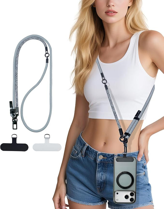 Phone Lanyard Crossbody, 3-in-1 Neck Strap& Wrist Strap, Adjustable Anti-Theft Lanyard with 2 Phone Tether Tabs, Universal Cell Phone Strap for iPhone 17 Pro Max, Travel Essential,Grey