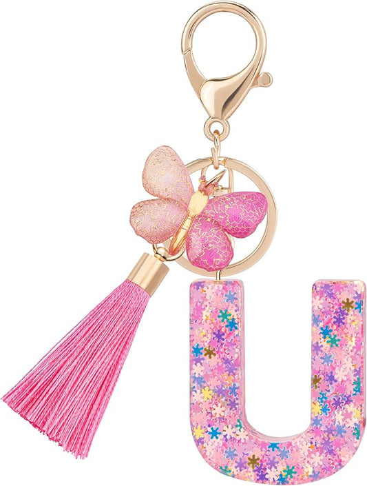 Suweibuke Cute Pink Key Chains for Women Girls, Initial Letter Keychains with Tassel, Charms for Key Purse Handbags Backpacks