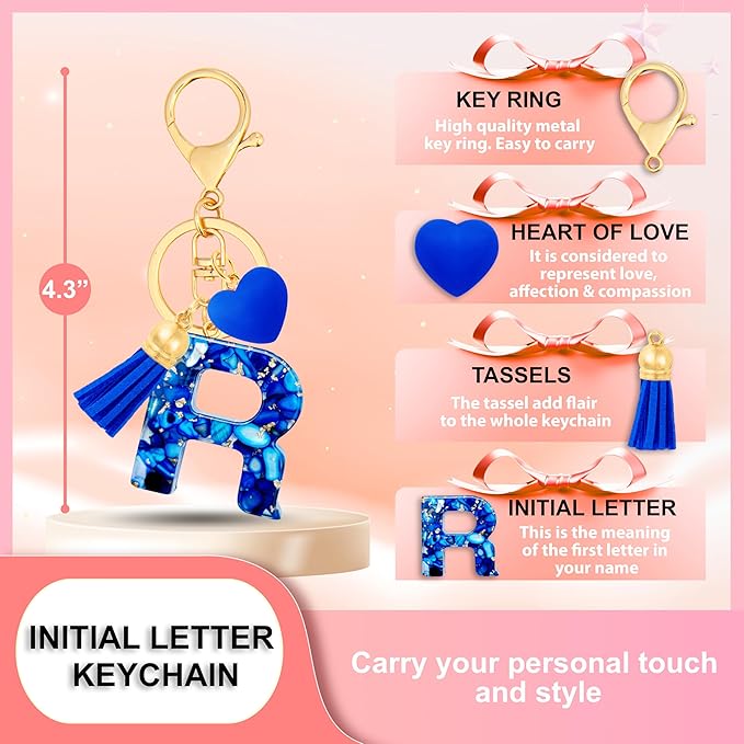 Initial Keychains for Women with Cute Heart Resin - Alphabet Letter Keychain for Bag, Backpacks, Purse or Car key