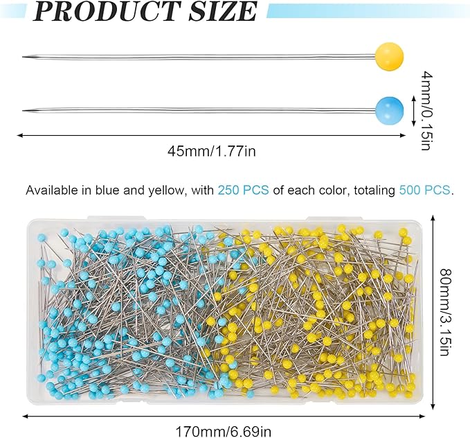 500 PCS Straight Pins, 1.75 Inch Long Quilting Pins with Glass Ball Head, Stainless Steel Sewing Pins for Fabric, Dressmaking, Crafts, Jewelry Making, DIY, Wedding Bouquets, Decoration