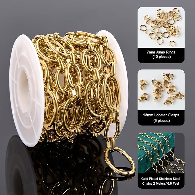 UMAOKANG 2 Meters Stainless Steel Oval Chain on Spool Gold Plated Chains for Jewelry Making Men and Women Chain Necklace DIY