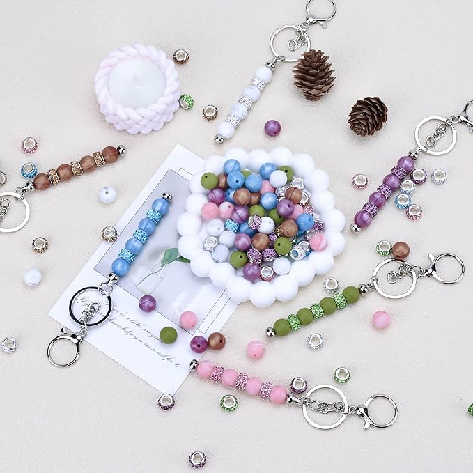 SUIMZESTI 109 Pcs Beadable Keychains Bars Set, Bulk Keychain Making Kit with Spacer Silicone Beads for Keychains Making Accessories for Womens DIY Crafts Gifts