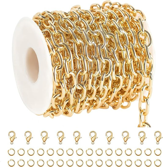16.4 Feet Aluminum Jewelry Chain Roll, Gold Plated Oval Paperclip Chain Bulk, Hip Hop Rapper Necklace & Choker DIY Jewelry Making Supplies