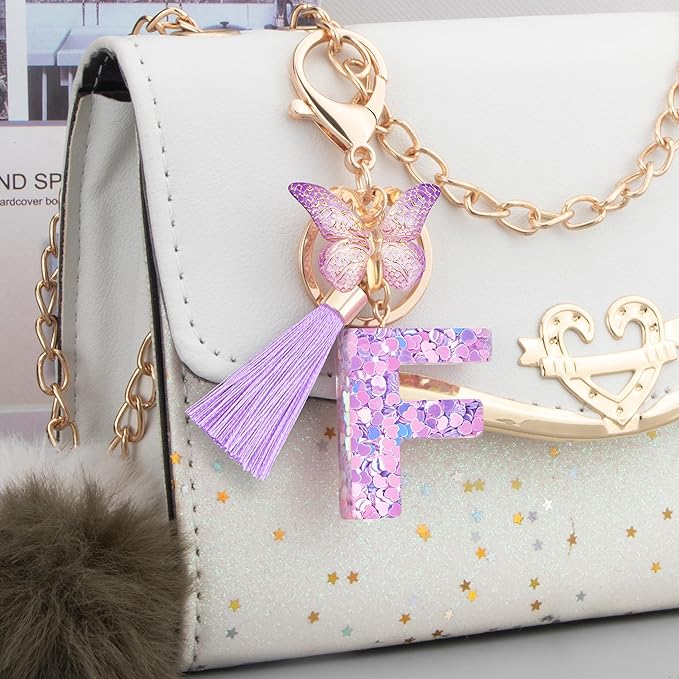 Initial letter Keychains for Women Girls Tassel Butterfly Cute Keychain for Wallet Backpack charm